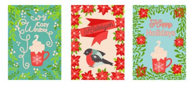 Noel için farklı yazıtlar ve dileklerle dolu üç kart seti. Noel ve Mutlu Yıllar şablonları. Moda retro biçimi.