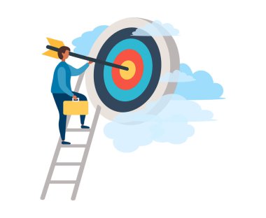 Elinde ok olan bir adam dolambaçlı bir yolda hedefine doğru koşuyor, motivasyon ilerliyor, hedefe ulaşmanın yolu yüksektir, bulutların ya da merdivenlerin arasından, başarının adımları,