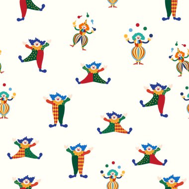 CIRCUS temalı kusursuz bir model. Sirk palyaçosu karakteri. Düz çizgi film biçimi