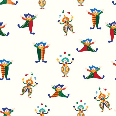 CIRCUS temalı kusursuz bir model. Sirk palyaçosu karakteri. Düz çizgi film biçimi