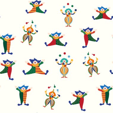 CIRCUS temalı kusursuz bir model. Sirk palyaçosu karakteri. Düz çizgi film biçimi