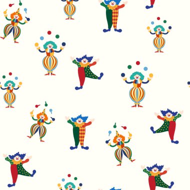 CIRCUS temalı kusursuz bir model. Sirk palyaçosu karakteri. Düz çizgi film biçimi