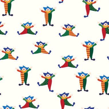 CIRCUS temalı kusursuz bir model. Sirk palyaçosu karakteri. Düz çizgi film biçimi