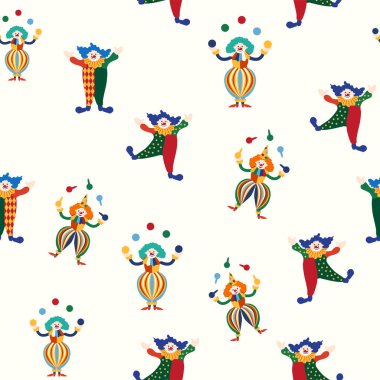 CIRCUS temalı kusursuz bir model. Sirk palyaçosu karakteri. Düz çizgi film biçimi