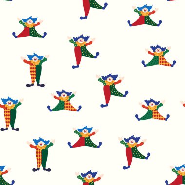 CIRCUS temalı kusursuz bir model. Sirk palyaçosu karakteri. Düz çizgi film biçimi