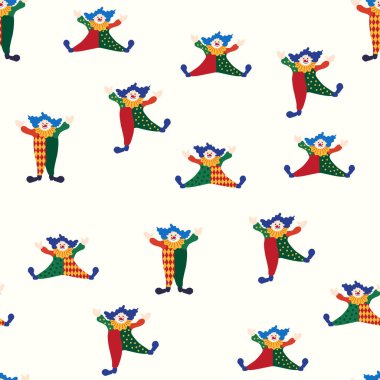 CIRCUS temalı kusursuz bir model. Sirk palyaçosu karakteri. Düz çizgi film biçimi