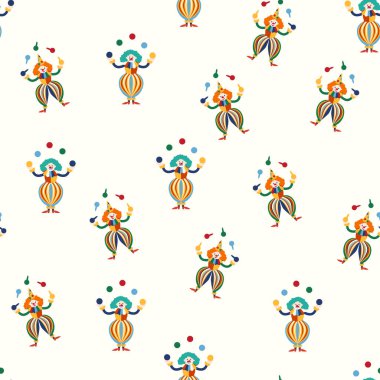 CIRCUS temalı kusursuz bir model. Sirk palyaçosu karakteri. Düz çizgi film biçimi