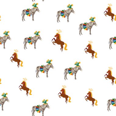 CRCUS temalı kusursuz desen. Aslanlar, sihirli şapka, şapkalı tavşan, tatil balonları çadırları. Sirk karakterleri. Çizgi film düz stili