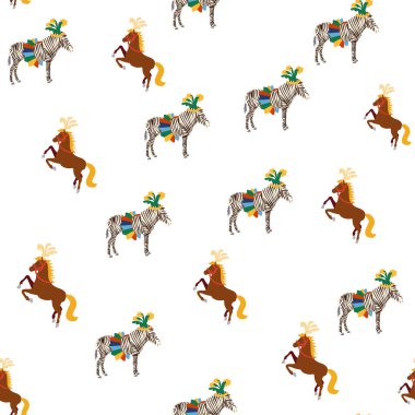 CRCUS temalı kusursuz desen. Aslanlar, sihirli şapka, şapkalı tavşan, tatil balonları çadırları. Sirk karakterleri. Çizgi film düz stili