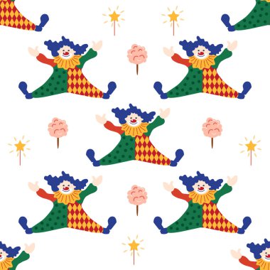 CIRCUS temalı kusursuz bir model. Sirk palyaçosu karakteri. Düz çizgi film biçimi