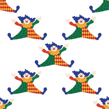 CIRCUS temalı kusursuz bir model. Sirk palyaçosu karakteri. Düz çizgi film biçimi