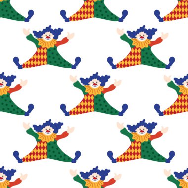 CIRCUS temalı kusursuz bir model. Sirk palyaçosu karakteri. Düz çizgi film biçimi