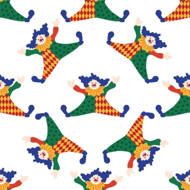 CIRCUS temalı kusursuz bir model. Sirk palyaçosu karakteri. Düz çizgi film biçimi