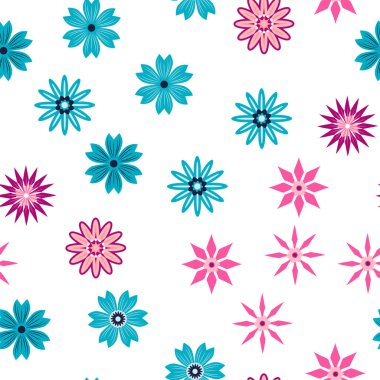 Basit bir çiçek süsü. Geniş çiçekli, soyut, pürüzsüz bir yol. Mavili ve pembeli klasik bir arka plan. Eski moda çiçek deseni. Dekor ve kumaş için tasarım tekrarlanıyor.