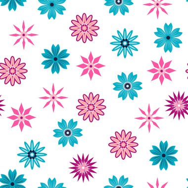 Basit bir çiçek süsü. Geniş çiçekli, soyut, pürüzsüz bir yol. Mavili ve pembeli klasik bir arka plan. Eski moda çiçek deseni. Dekor ve kumaş için tasarım tekrarlanıyor.