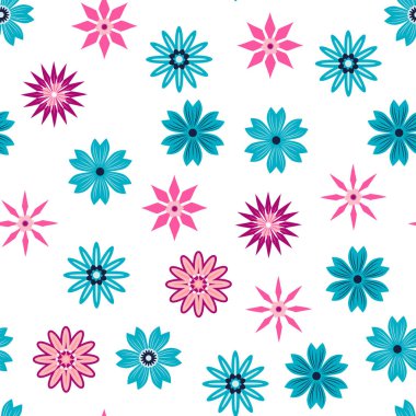 Basit bir çiçek süsü. Geniş çiçekli, soyut, pürüzsüz bir yol. Mavili ve pembeli klasik bir arka plan. Eski moda çiçek deseni. Dekor ve kumaş için tasarım tekrarlanıyor.