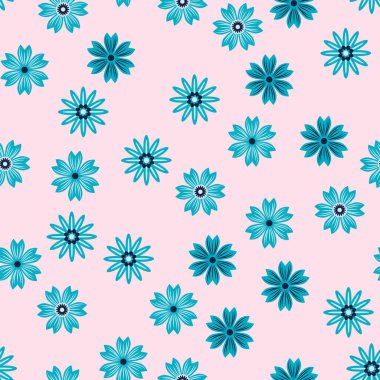 Basit bir çiçek süsü. Geniş çiçekli, soyut, pürüzsüz bir yol. Mavili ve pembeli klasik bir arka plan. Eski moda çiçek deseni. Dekor ve kumaş için tasarım tekrarlanıyor.