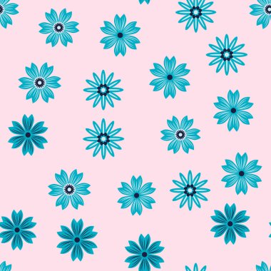 Basit bir çiçek süsü. Geniş çiçekli, soyut, pürüzsüz bir yol. Mavili ve pembeli klasik bir arka plan. Eski moda çiçek deseni. Dekor ve kumaş için tasarım tekrarlanıyor.