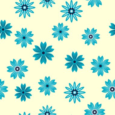 Basit bir çiçek süsü. Geniş çiçekli, soyut, pürüzsüz bir yol. Mavili ve pembeli klasik bir arka plan. Eski moda çiçek deseni. Dekor ve kumaş için tasarım tekrarlanıyor.