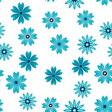 Basit bir çiçek süsü. Geniş çiçekli, soyut, pürüzsüz bir yol. Mavili ve pembeli klasik bir arka plan. Eski moda çiçek deseni. Dekor ve kumaş için tasarım tekrarlanıyor.