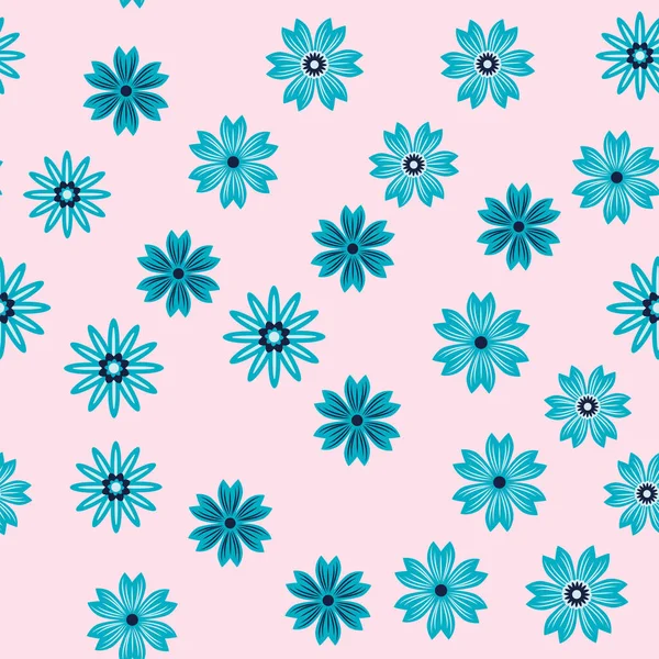 Basit bir çiçek süsü. Geniş çiçekli, soyut, pürüzsüz bir yol. Mavili ve pembeli klasik bir arka plan. Eski moda çiçek deseni. Dekor ve kumaş için tasarım tekrarlanıyor.