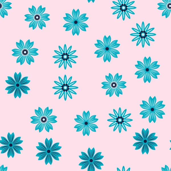 Basit bir çiçek süsü. Geniş çiçekli, soyut, pürüzsüz bir yol. Mavili ve pembeli klasik bir arka plan. Eski moda çiçek deseni. Dekor ve kumaş için tasarım tekrarlanıyor.