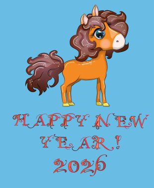 Mutlu yeni yıl yazıtları ve çizgi film tarzında güzel gözlü şirin kırmızı bir at, 2026 yılının sembolü.