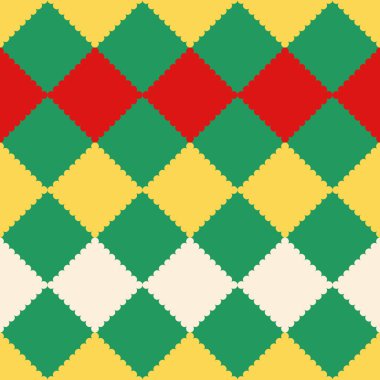 Elmas şekilli dantelli, şirin küçük fiyonklu ve çiçekli geometrik, pürüzsüz bir desen. Noel renkleri. Sevimli çizgi film el yapımı vintage vektörü.