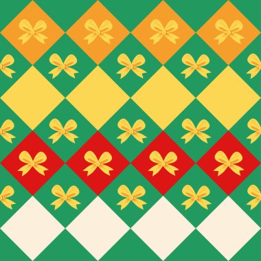 Elmas şekilli dantelli, şirin küçük fiyonklu ve çiçekli geometrik, pürüzsüz bir desen. Noel renkleri. Sevimli çizgi film el yapımı vintage vektörü.