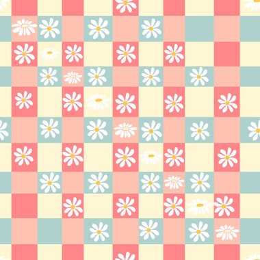 Yeşil papatya çiçekleri ve kalplerle Gingham kusursuz vektör deseni. Pastel bir palette sevimli, çocuksu bir arka plan. Tartan kontrolü