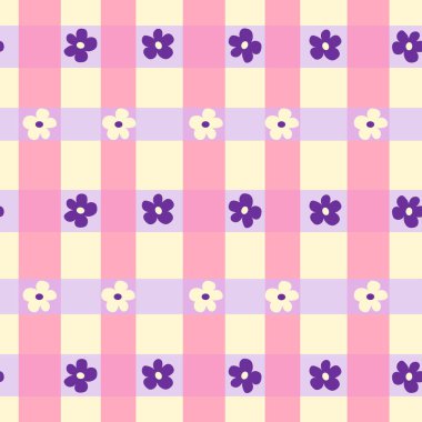 Yeşil papatya çiçekleri ve kalplerle Gingham kusursuz vektör deseni. Pastel bir palette sevimli, çocuksu bir arka plan. Tartan kontrolü