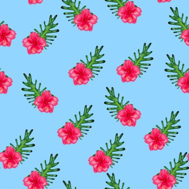 Tropikal amber çiçekleri pürüzsüz desen. Hawaii tekstil desenli soyut çiçek desenleri. Aloha gömlek kumaşı için tropik çiçek.