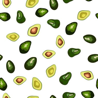 Canlı avokado dilimleriyle kusursuz desen. Tatlı çizgi film vektör meyve çizimi