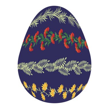 Çiçekli bir süs eşyasıyla Paskalya yumurtası, halk süsleri. Bahar tatili kartları, etiketler, pankartlar ve ambalajlar için mutlu paskalya yumurtaları.