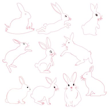 Paskalya tavşanları koleksiyonu. Mutlu tavşanların çizgi film karakterleri. Paskalya kartları, çıkartmalar, afişler ve ambalaj tasarımı için Kawaii tavşanları. Vektör