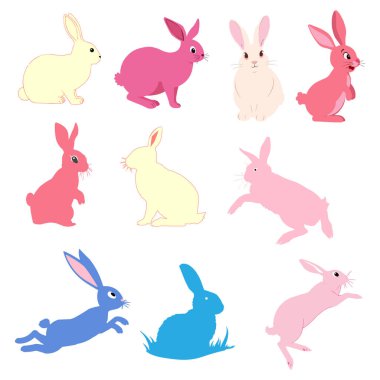 Paskalya tavşanları koleksiyonu. Mutlu tavşanların çizgi film karakterleri. Paskalya kartları, çıkartmalar, afişler ve ambalaj tasarımı için Kawaii tavşanları. Vektör