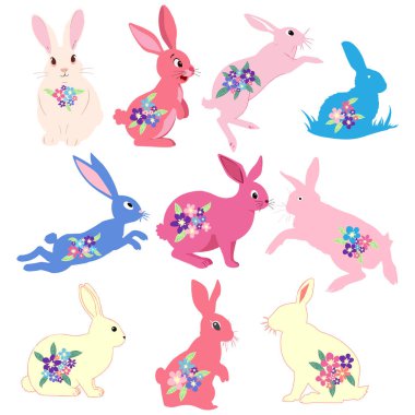 Paskalya tavşanları koleksiyonu. Mutlu tavşanların çizgi film karakterleri. Paskalya kartları, çıkartmalar, afişler ve ambalaj tasarımı için Kawaii tavşanları. Vektör