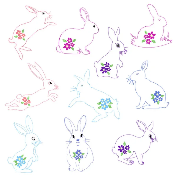Paskalya tavşanları koleksiyonu. Mutlu tavşanların çizgi film karakterleri. Paskalya kartları, çıkartmalar, afişler ve ambalaj tasarımı için Kawaii tavşanları. Vektör