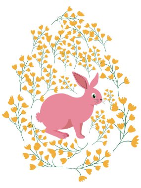 Boyalı Paskalya tavşanı ve çiçek desenli bir Paskalya yumurtası. Çocuklar yumurta oyunu. Yükseldi, Mutlu Paskalyalar