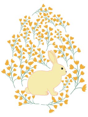 Boyalı Paskalya tavşanı ve çiçek desenli bir Paskalya yumurtası. Çocuklar yumurta oyunu. Yükseldi, Mutlu Paskalyalar