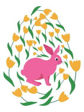 Boyalı Paskalya tavşanı ve çiçek desenli bir Paskalya yumurtası. Çocuklar yumurta oyunu. Yükseldi, Mutlu Paskalyalar