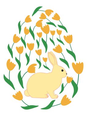 Boyalı Paskalya tavşanı ve çiçek desenli bir Paskalya yumurtası. Çocuklar yumurta oyunu. Yükseldi, Mutlu Paskalyalar