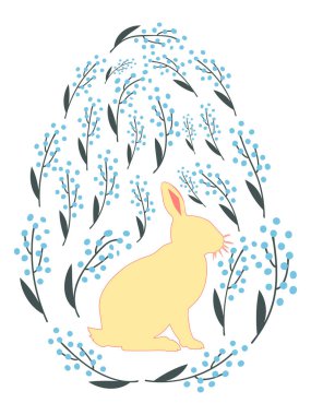 Boyalı Paskalya tavşanı ve çiçek desenli bir Paskalya yumurtası. Çocuklar yumurta oyunu. Yükseldi, Mutlu Paskalyalar