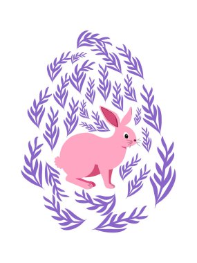 Boyalı Paskalya tavşanı ve çiçek desenli bir Paskalya yumurtası. Çocuklar yumurta oyunu. Yükseldi, Mutlu Paskalyalar