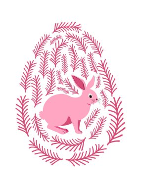 Boyalı Paskalya tavşanı ve çiçek desenli bir Paskalya yumurtası. Çocuklar yumurta oyunu. Yükseldi, Mutlu Paskalyalar