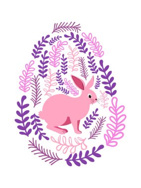 Boyalı Paskalya tavşanı ve çiçek desenli bir Paskalya yumurtası. Çocuklar yumurta oyunu. Yükseldi, Mutlu Paskalyalar