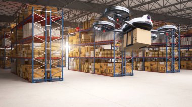 Paketleri dağıtım merkezine ve depolama deposundan müşterilere teslim eden bir insansız uçak. Gelecekçi endüstriyel teknoloji taşıma aracı konsepti. 3B illüstrasyon oluşturma