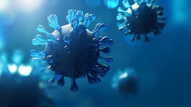 Coronavirus COVID 19 'un insan akciğeri arka planında süper yakın plan görüntüsü. Bilimsel mikro biyoloji kavramı. Mavi Corona virüs salgını. Tıbbi sağlık virolojisi enfeksiyonu araştırması. 3B illüstrasyon