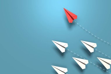 Kırmızı kağıttan origami düzlemi, mavi arka planda, eşsiz beyaz düzlemlerden gelen bireysel istikamete sahiptir. İş stratejisi ve fırsat kavramı. 3B illüstrasyon