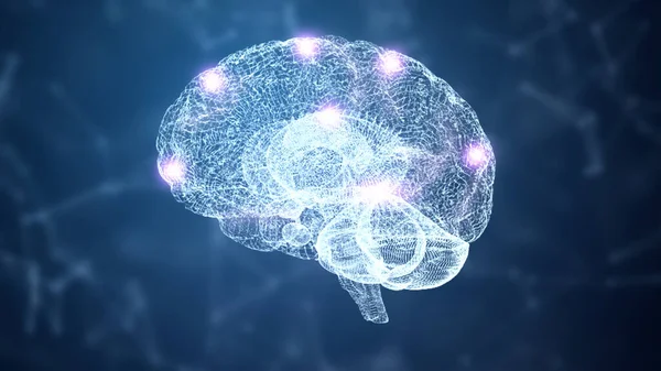 Hud脑和神经系统线框全息图模拟结点 蓝光背景 纳米技术和未来学科学概念 3D插图 — 图库照片